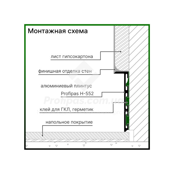 Вбудований плінтус алюмінієвий прихованого монтажу 55 мм., без покриття, алюміній
